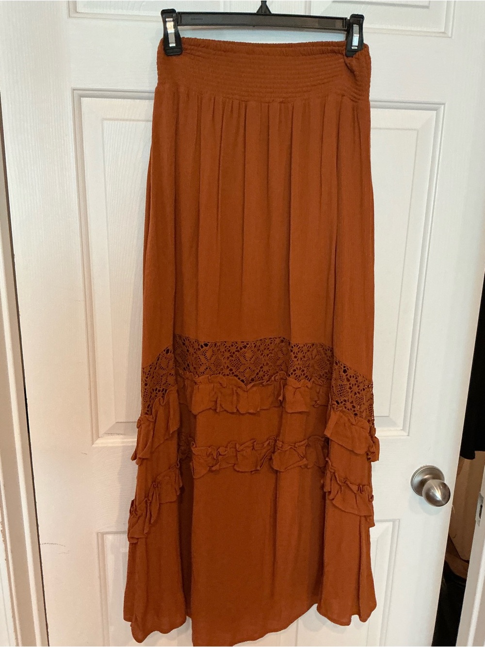 Wonderly Rust Crochet Trim Ruffle Maxi Dress